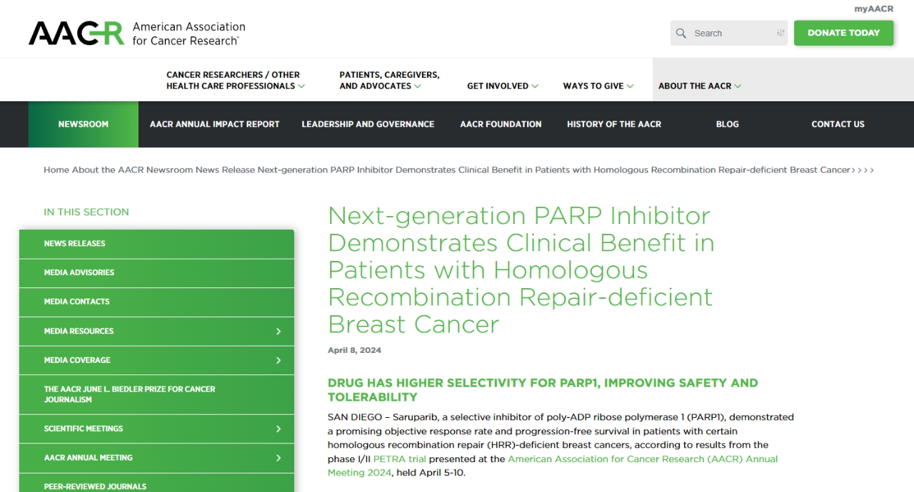 2024 AACR丨新一代PARP抑制剂Saruparib，乳腺癌晚期患者新治疗策略